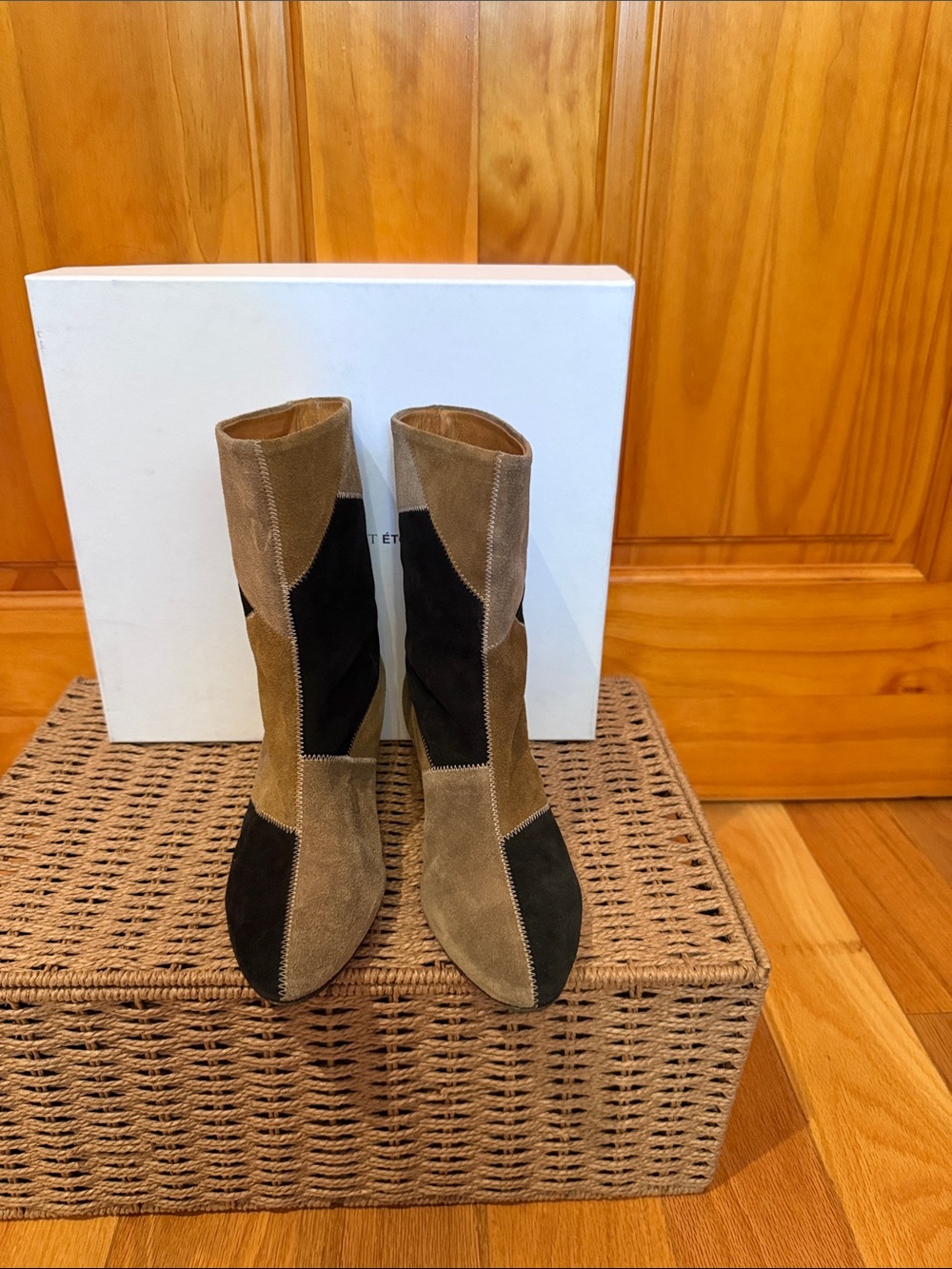 Isabel Marant Two-Tone Suede Mid-Calf Boots in Olive and Black - Picture 2 of 7